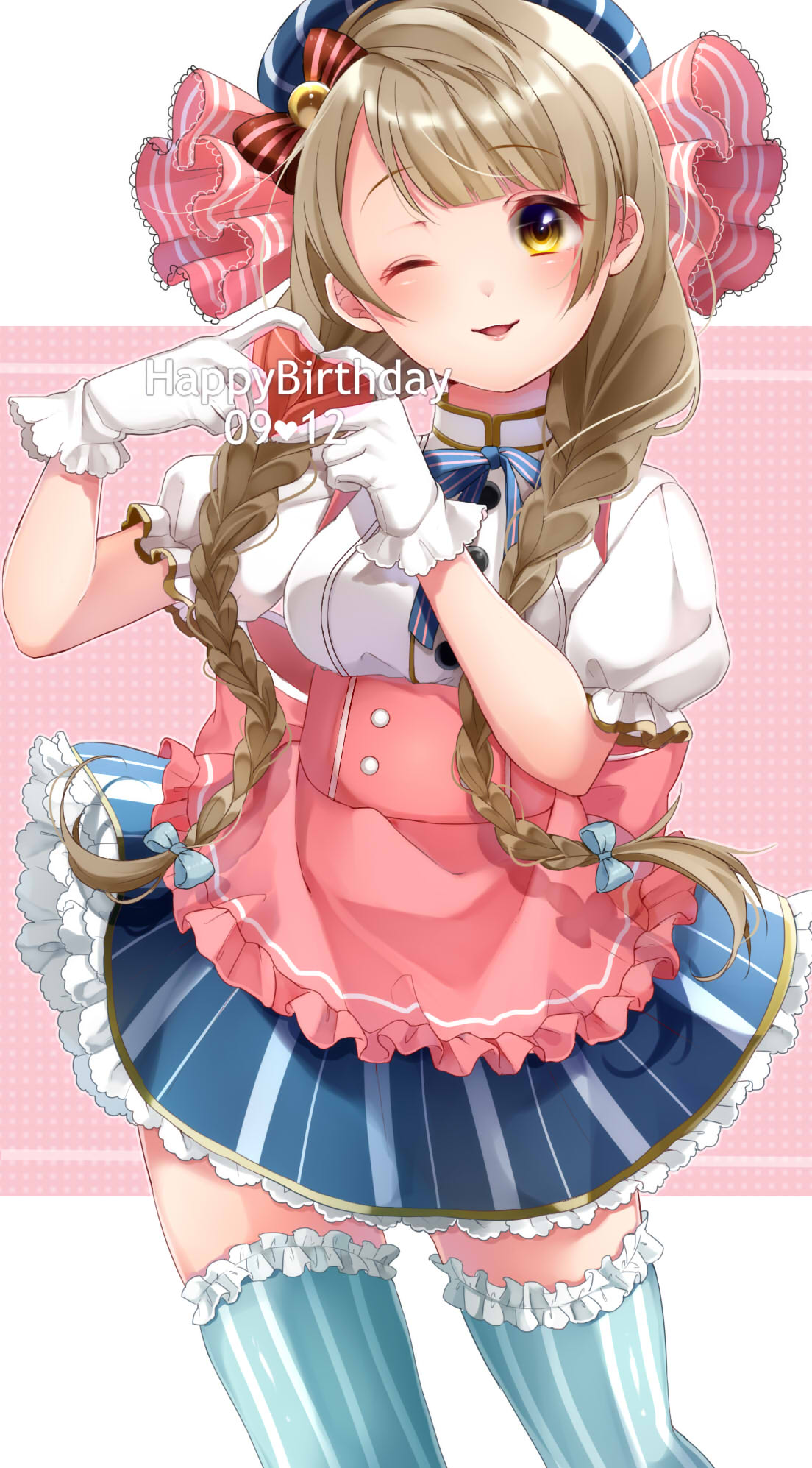 ;d alternate_hairstyle bangs blue_bow blue_hat blue_legwear blue_neckwear blush bow braid brown_hair candy_wrapper commentary_request dated eyebrows_visible_through_hair frilled_legwear frilled_sleeves frills gloves grey_hair hair_bow happy_birthday hat heart heart_hands highres long_hair love_live! love_live!_school_idol_project minami_kotori neck_ribbon one_eye_closed open_mouth puffy_sleeves ribbon shirt short_sleeves shuga_(0329tixi) skirt smile solo striped striped_bow striped_hat striped_legwear striped_neckwear thighhighs twin_braids vertical-striped_legwear vertical-striped_skirt vertical_stripes white_gloves white_shirt yellow_eyes