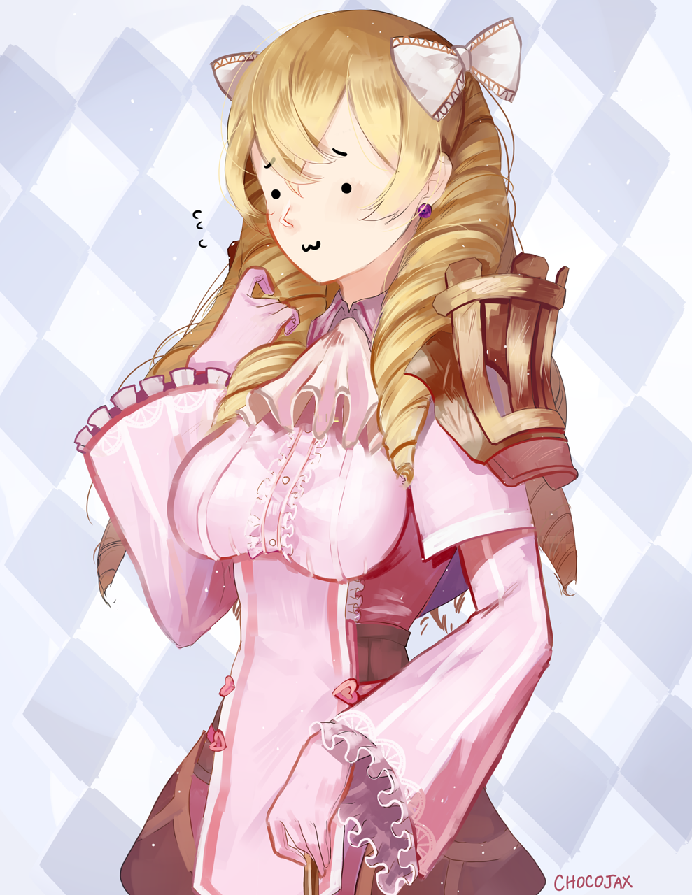 :3 ascot blonde_hair blush bow breasts center_frills chocojax commentary drill_hair earrings english_commentary eyebrows_visible_through_hair fire_emblem fire_emblem:_kakusei gloves hair_bow hair_ornament headshop highres jewelry lace long_hair mariabel_(fire_emblem) solo yellow_eyes