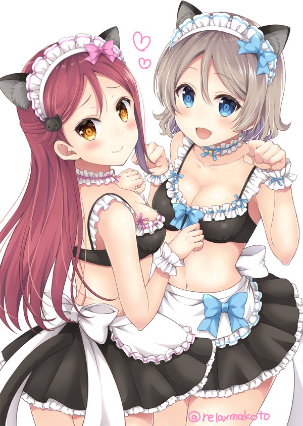 :d back back_bow black_bikini_top black_skirt blue_bow blue_eyes blush bow breasts cat_hair_ornament cat_tail choker cleavage collarbone commentary_request eyebrows_visible_through_hair frilled_bikini_top frilled_choker frills grey_hair hair_bow hair_ornament half_updo heart long_hair looking_at_viewer looking_back love_live! love_live!_sunshine!! maid maid_bikini medium_breasts multiple_girls navel open_mouth paw_pose pink_bow red_hair sakurai_makoto_(custom_size) sakurauchi_riko short_hair skirt smile stomach tail twitter_username watanabe_you white_background white_bow wrist_cuffs yellow_eyes