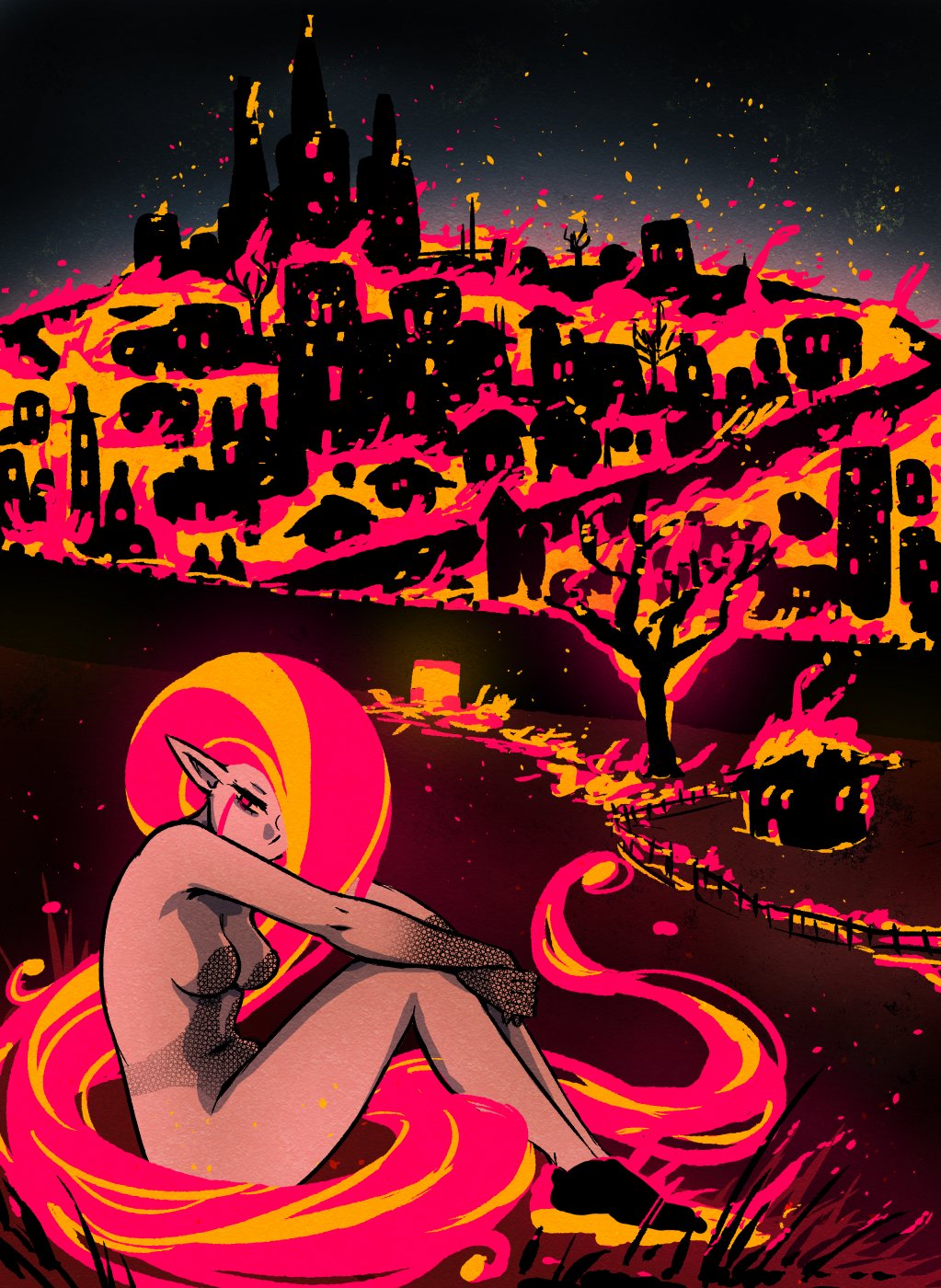 akairiot breasts brenna_(akairiot) building burning commentary covering_mouth destruction embers english_commentary eyelashes fence fiery_hair fire flat_color full_body grass hair_over_one_eye highres knees_up landscape long_hair medium_breasts navel night no_lineart nude original outdoors pointy_ears red_eyes red_skin sitting solo tears town tree very_long_hair yellow_sclera