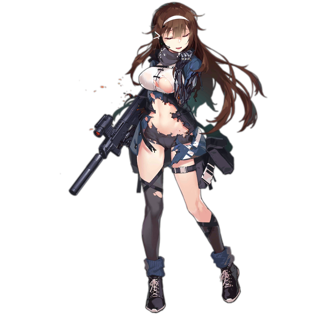 asymmetrical_legwear belt belt_pouch brown_hair bullpup closed_eyes damaged earpiece fangdan_runiu full_body girls_frontline gloves gun handband jacket js_9_(girls_frontline) long_hair mechanical_arm official_art pouch scarf scope shirt shoes shy skirt sneakers socks solo submachine_gun suppressor thighhighs torn_clothes torn_jacket torn_legwear torn_shirt torn_skirt transparent_background weapon