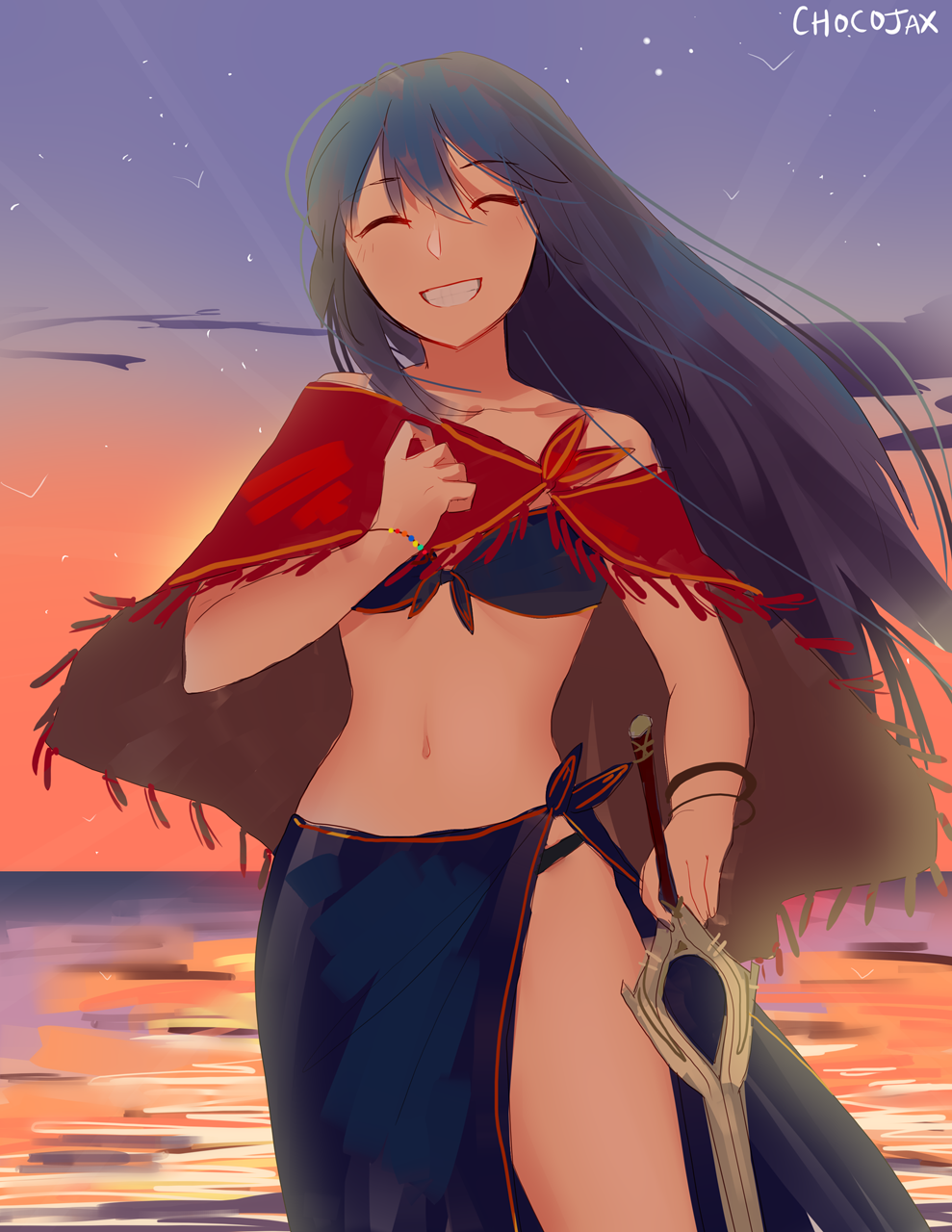 :d ^_^ ^o^ artist_name backlighting bangle bangs bare_arms bare_shoulders beach bead_bracelet beads bikini bird blush bracelet chocojax closed_eyes cloud cloudy_sky collarbone commentary english_commentary facing_viewer fire_emblem fire_emblem_heroes fringe_trim front-tie_bikini front-tie_top gradient_sky grin highres holding holding_sword holding_weapon horizon jewelry long_hair lucina midriff navel ocean open_mouth outdoors red_shawl sarong seagull shawl sky smile solo standing star_(sky) starry_sky stomach strapless strapless_bikini summer sunset swimsuit sword very_long_hair weapon