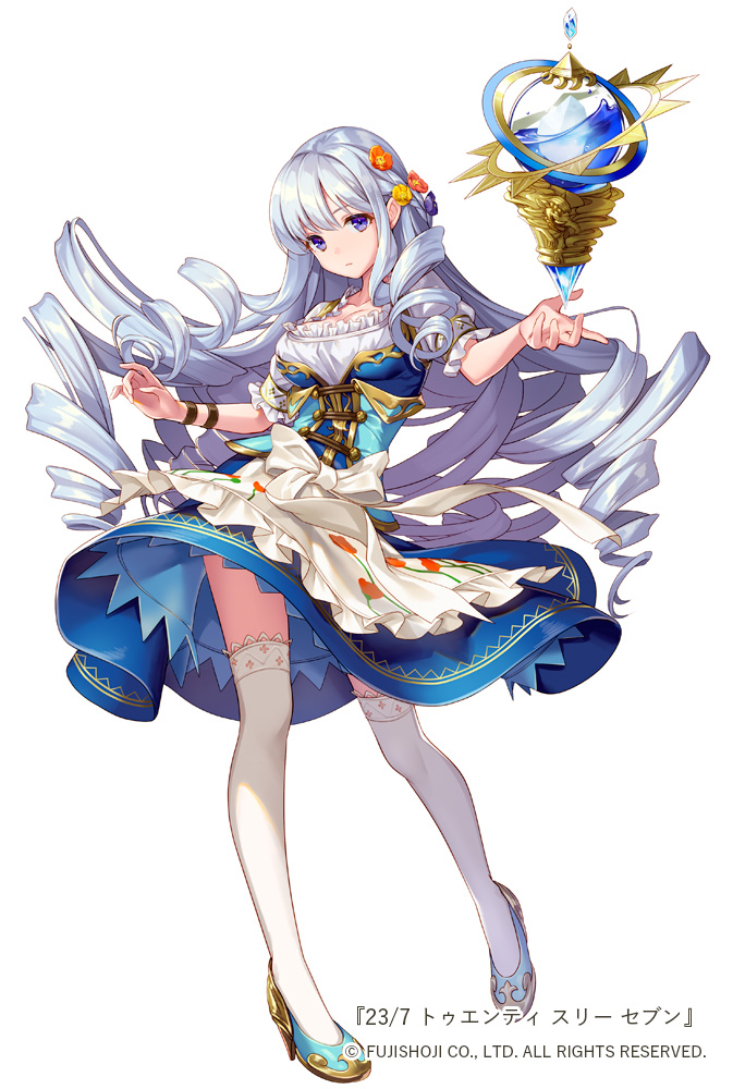 23/7 blue_dress blue_eyes blue_footwear bow breasts commentary_request dress drill_hair flower frills full_body hair_flower hair_ornament long_hair medium_breasts ne-on official_art outstretched_hand sidelocks silver_hair simple_background solo standing twin_drills watermark white_background white_bow white_legwear