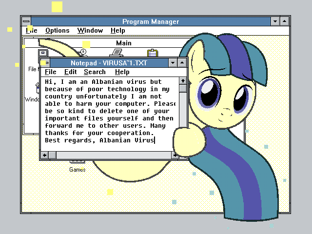 2018 badumsquish blue_eyes blue_hair computer_virus dialogue english_text fan_character female hair microsoft_windows my_little_pony pixels text untitl~5.exe_(oc) virus windows_3.1