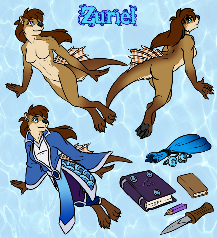 2016 amocin anthro blue_eyes book breasts brown_fur claws clothed clothing dagger digital_media_(artwork) female fin fur hair magic_user mammal melee_weapon mustelid nude otter pawpads paws simple_background skylords smile solo toe_claws weapon zuriel_(skylords)