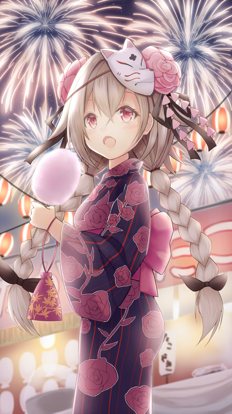 aerial_fireworks bangs black_ribbon blue_kimono blush braid commentary_request cotton_candy eyebrows_visible_through_hair fireworks floral_print flower food fox_mask hair_between_eyes hair_flower hair_ornament hair_ribbon highres holding holding_food japanese_clothes kimono lantern light_brown_hair long_hair long_sleeves low_twintails mask mask_on_head night night_sky nishina_kakeri open_mouth original outdoors paper_lantern pink_flower pink_rose print_kimono red_eyes ribbon rose rose_print sky solo stand star_(sky) starry_sky striped summer_festival twin_braids twintails vertical-striped_kimono vertical_stripes very_long_hair wide_sleeves