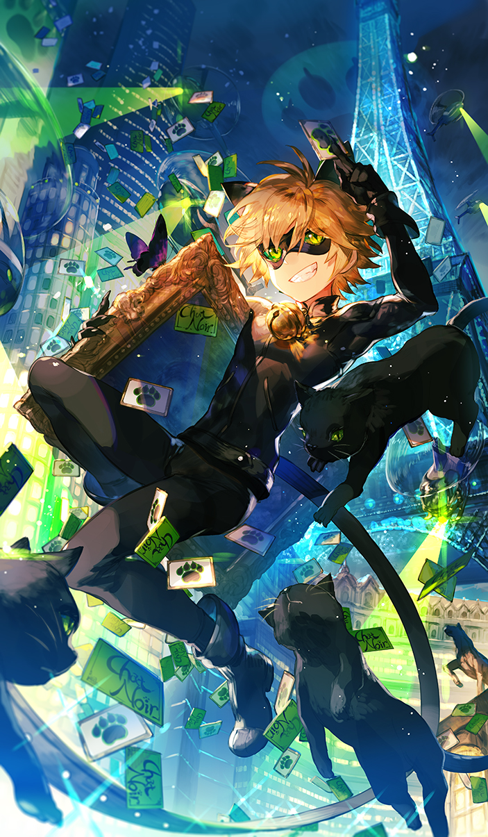 adrien_agreste aircraft animal_ears bell black_bodysuit blonde_hair bodysuit boots building calling_card cat cat_ears character_name chat_noir eiffel_tower fingernails green_sclera grin helicopter highres looking_at_viewer male_focus mask miraculous_ladybug scorpion5050 sharp_fingernails skyscraper smile
