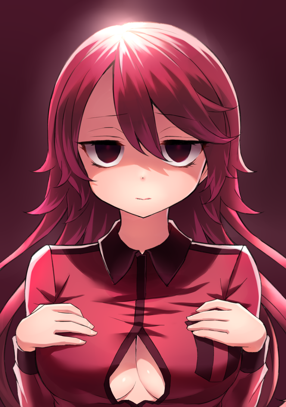 breasts cleavage commentary_request empty_eyes hands_on_own_chest highres large_breasts long_hair long_sleeves looking_at_viewer neit_ni_sei original partially_unbuttoned red_background red_eyes red_hair red_shirt shirt upper_body