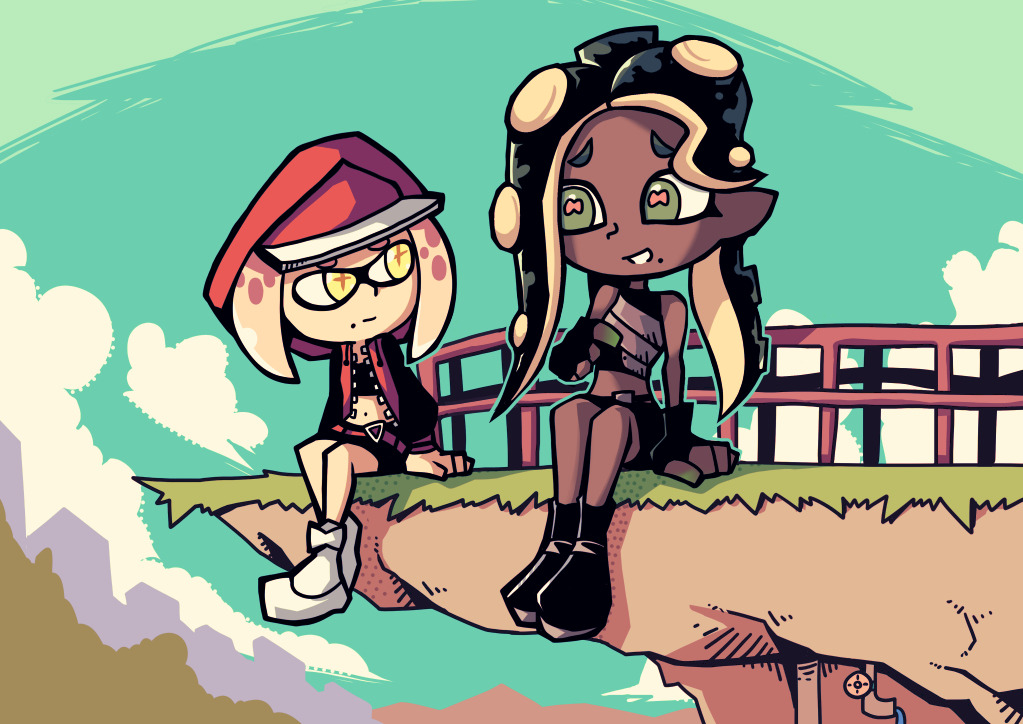 2girls bare_shoulders black_footwear black_gloves black_hair boots cloud commentary dark_skin day domino_mask english_commentary fingerless_gloves flat_color furrowed_eyebrows gloves grass green_eyes green_skin hat hime_(splatoon) horizontal_pupils iida_(splatoon) long_hair looking_at_another mask mole mole_under_mouth multicolored multicolored_skin multiple_girls navel octarian outdoors pink_pupils red_hat setz short_hair sitting sky splatoon_(series) splatoon_2 splatoon_2:_octo_expansion suction_cups tentacle_hair unzipped white_hair yellow_eyes zipper