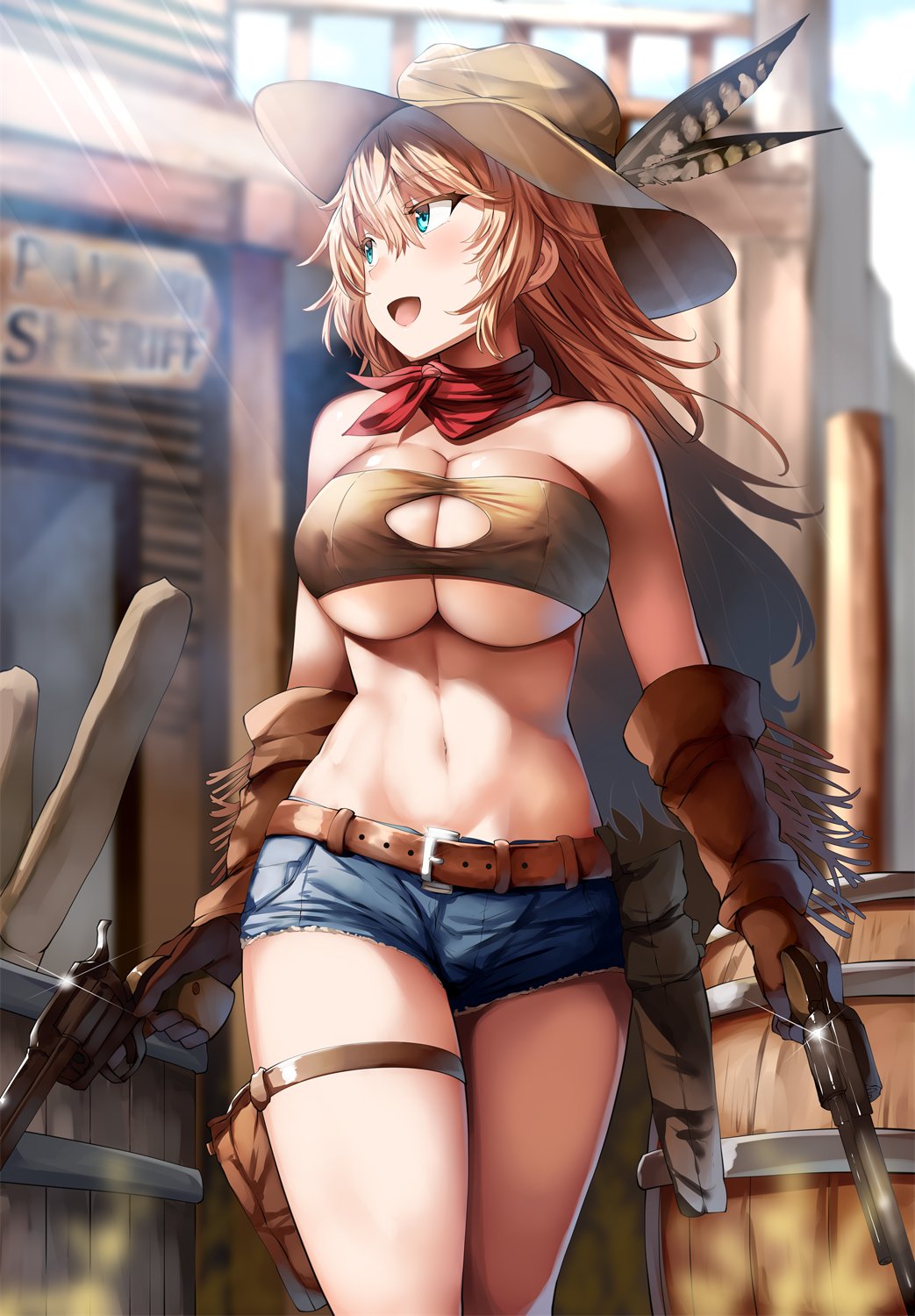 bandeau bangs bare_shoulders barrel belt blonde_hair blue_eyes blush breasts brown_gloves character_request cleavage collarbone commentary_request covered_nipples denim denim_shorts dual_wielding elbow_gloves gloves gun hair_between_eyes handgun hat hat_feather highres hips holding holster large_breasts lolicept long_hair looking_to_the_side navel open_mouth red_neckwear revolver short_shorts shorts smile solo sound_project_siva sunlight thigh_strap thighs weapon