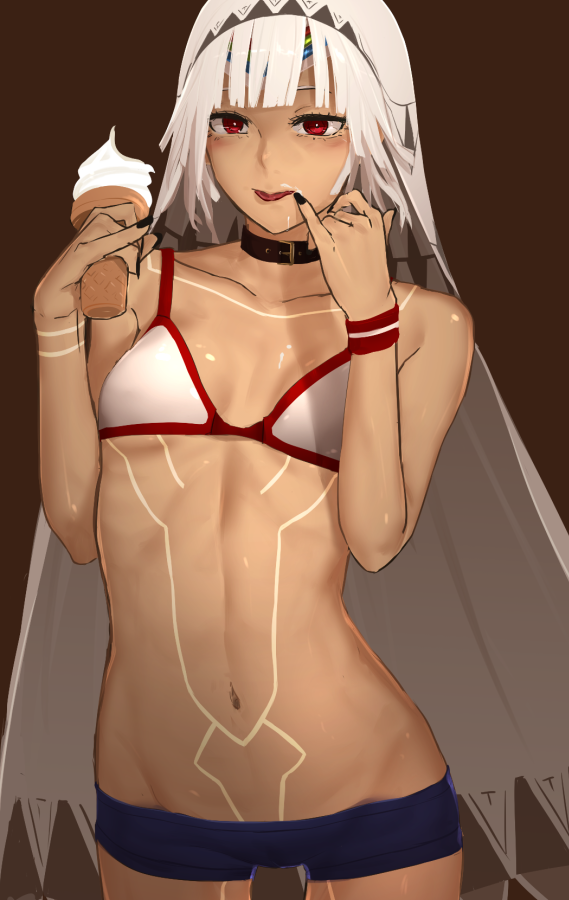 altera_(fate) bangs bare_arms bare_shoulders bikini_top black_choker black_nails blue_shorts blunt_bangs breasts choker cleavage collarbone dark_skin fate/extella fate/extra fate_(series) fingernails food full_body_tattoo headdress hips holding holding_food i-pan ice_cream looking_at_viewer midriff nail_polish navel open_mouth red_eyes revealing_clothes shiny shiny_skin short_hair short_shorts shorts simple_background small_breasts solo stomach stomach_tattoo tan tattoo veil white_bikini_top white_hair