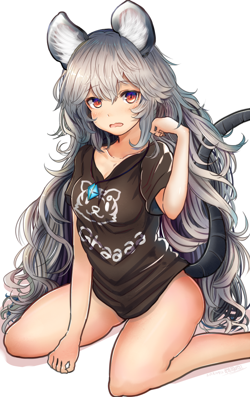 alternate_costume alternate_hair_length alternate_hairstyle animal_ears bangs bare_legs black_shirt blush breasts clothes_writing collarbone commentary_request dated eyebrows_visible_through_hair feet_out_of_frame grey_hair hair_between_eyes hand_up highres houdukixx jewelry long_hair looking_at_viewer medium_breasts mouse_ears mouse_tail naked_shirt nazrin open_mouth pendant red_eyes shadow shirt signature simple_background solo t-shirt tail thighs touhou translation_request very_long_hair wavy_hair white_background
