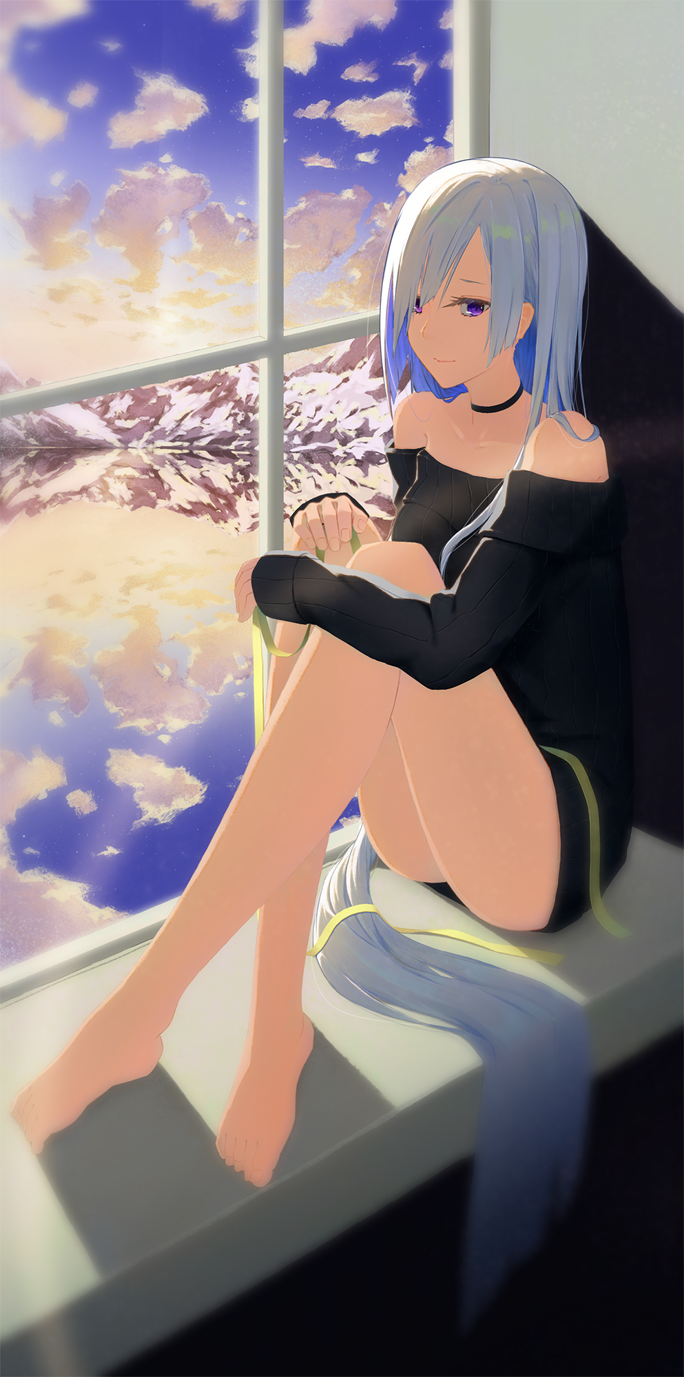 absurdly_long_hair aqua_hair bare_legs bare_shoulders black_choker black_sweater blue_eyes breasts brynhildr_(fate) choker closed_mouth cloud collarbone commentary_request fate/prototype fate/prototype:_fragments_of_blue_and_silver fate_(series) fingernails full_body highres lake long_hair long_sleeves looking_at_viewer mountain multicolored multicolored_sky reflection ribbon sitting sky smile snow solo star_(sky) strapless suguru_(a129214673) sweater thighs very_long_hair water window windowsill yellow_ribbon