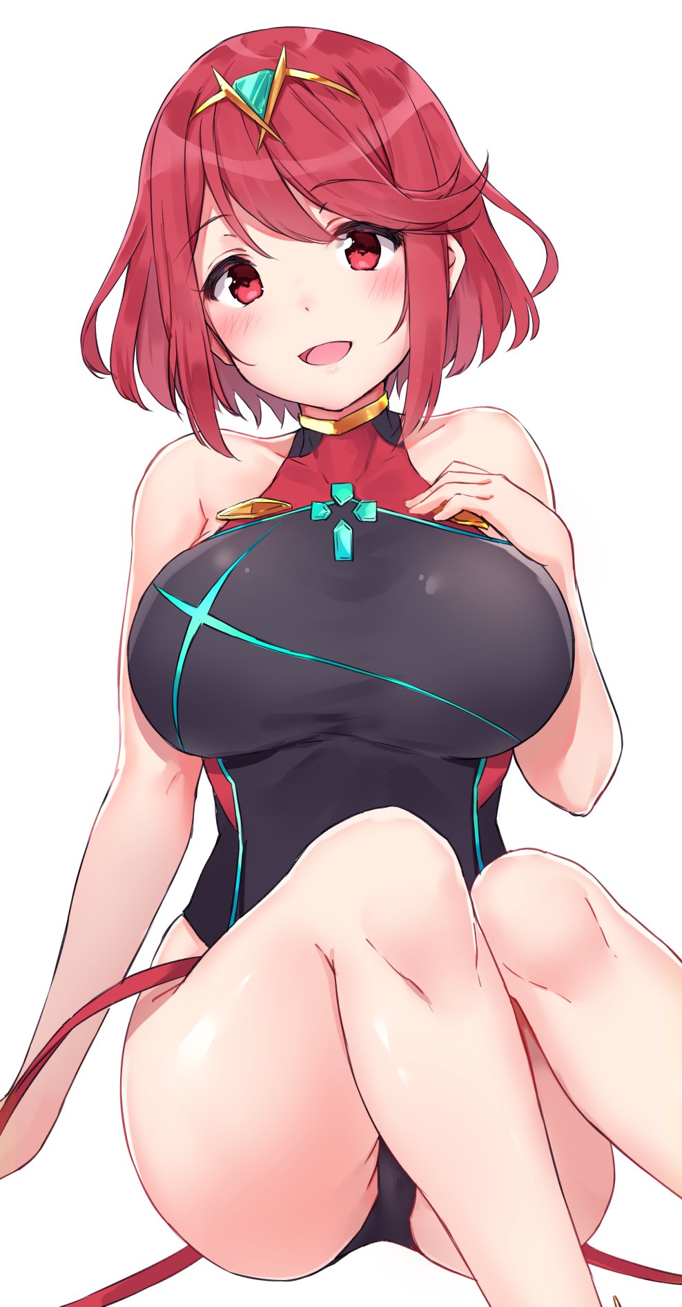 bangs black_swimsuit breasts covered_navel earrings fingerless_gloves gloves headpiece highres homura_(xenoblade_2) jewelry large_breasts minikon navel one-piece_swimsuit red_eyes red_hair short_hair sidelocks simple_background solo swept_bangs swimsuit tiara xenoblade_(series) xenoblade_2