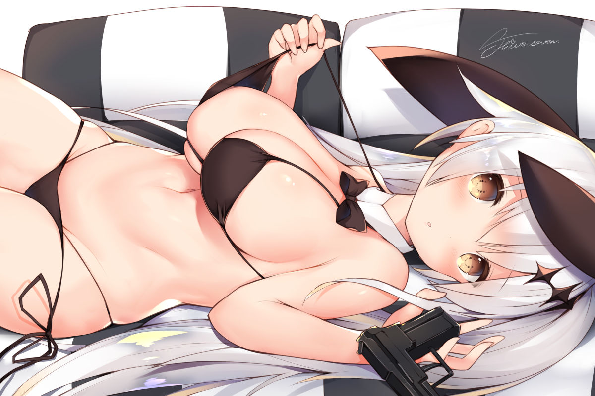 bangs bare_arms bikini black_bikini black_bow bow breasts brown_eyes character_name cisyo commentary_request detached_collar eyebrows_visible_through_hair five-seven_(girls_frontline) girls_frontline gun hair_between_eyes hair_ornament head_tilt indoors large_breasts long_hair looking_at_viewer lying navel on_back ponytail pulled_by_self shiny shiny_skin side-tie_bikini side-tie_bottom silver_hair solo strap_pull swimsuit very_long_hair weapon