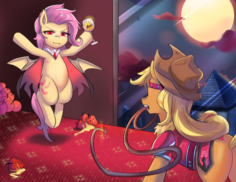 2018 apple applejack_(mlp) bat_pony bat_wings beverage blonde_hair cape carpet castle castlevania clothed clothing cloud cowboy_hat crossover cup cutie_mark duo earth_pony equine eyebrows eyelashes fangs female feral floating flutterbat_(mlp) fluttershy_(mlp) food friendship_is_magic fruit full_moon hair hair_tie hat headband holding_object holding_weapon hooves horse inside konami long_hair mammal membranous_wings moon mostly_nude mouth_hold my_little_pony parody pink_hair pony red_eyes shadow sky slit_pupils smile spread_wings teeth tzc video_games weapon whip window wine_glass wings