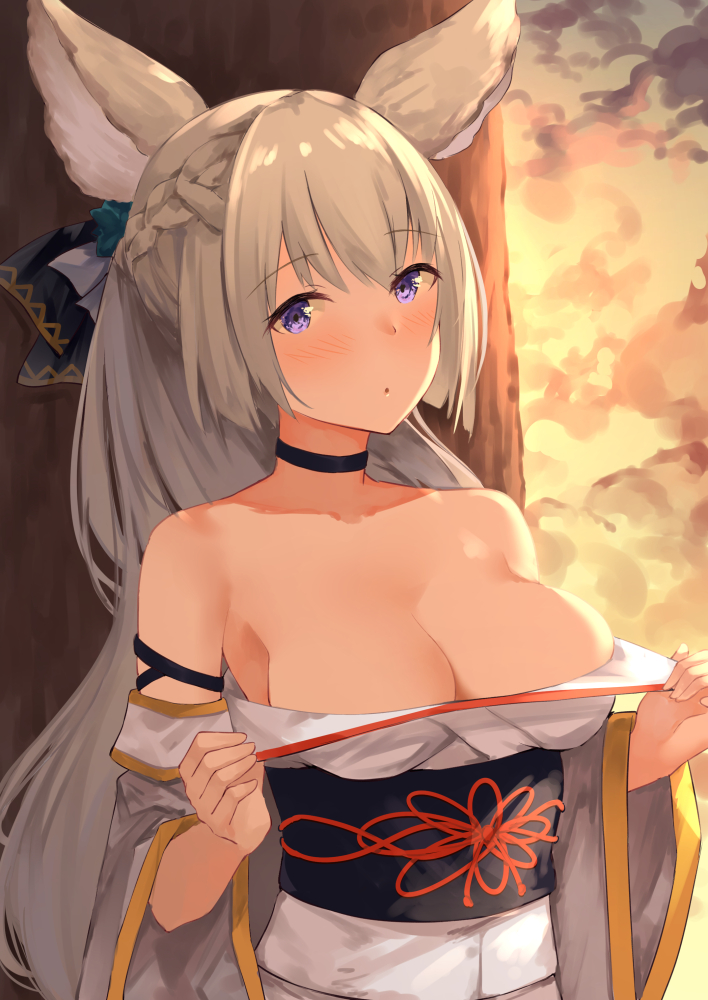 :o against_tree animal_ears arm_strap bangs bare_shoulders black_ribbon blonde_hair blurry blush bow braid breasts choker clothes_pull collarbone commentary_request depth_of_field erune eyebrows_visible_through_hair french_braid granblue_fantasy hair_between_eyes hair_bow hair_ribbon japanese_clothes kimono large_breasts long_hair looking_at_viewer obi open_mouth outdoors pulled_by_self ribbon sash shiny shiny_skin solo sunset suzuame_yatsumi tree very_long_hair wide_sleeves yuisis_(granblue_fantasy) yukata