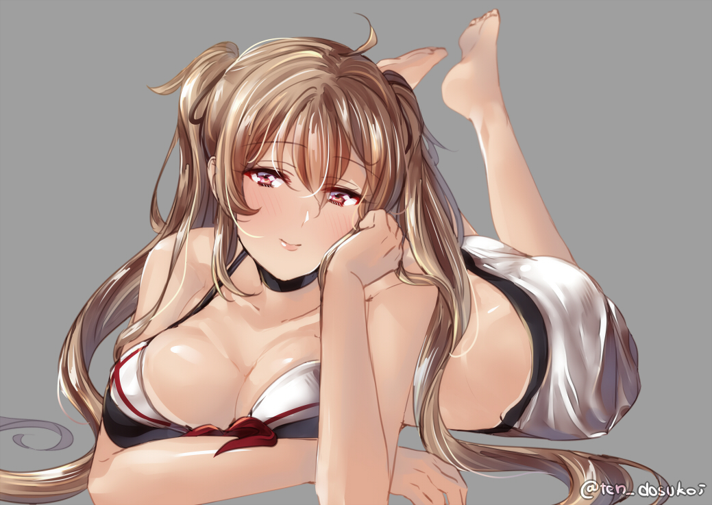 adapted_costume ahoge bikini black_bikini black_ribbon blush breasts brown_eyes cleavage closed_mouth collarbone feet_up grey_background hair_ribbon hand_on_own_cheek juurouta kantai_collection large_breasts light_brown_hair looking_at_viewer lying murasame_(kantai_collection) on_stomach ribbon sarong simple_background smile solo swimsuit twintails twitter_username