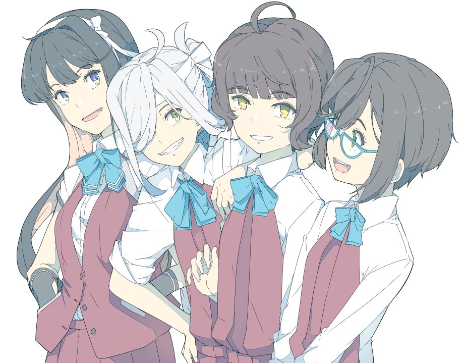 ahoge asashimo_(kantai_collection) bangs black_gloves black_hair blue-framed_eyewear blunt_bangs bow bowtie brown_hair glasses gloves green_eyes grey_eyes grin hair_over_one_eye hairband halterneck hands_in_pockets kantai_collection kishinami_(kantai_collection) long_hair long_sleeves multicolored_hair multiple_girls naganami_(kantai_collection) ninimo_nimo okinami_(kantai_collection) pale_color pink_hair ponytail remodel_(kantai_collection) school_uniform shirt short_hair silver_hair simple_background sleeves_rolled_up smile upper_body vest wavy_hair white_background white_hairband white_shirt yellow_eyes