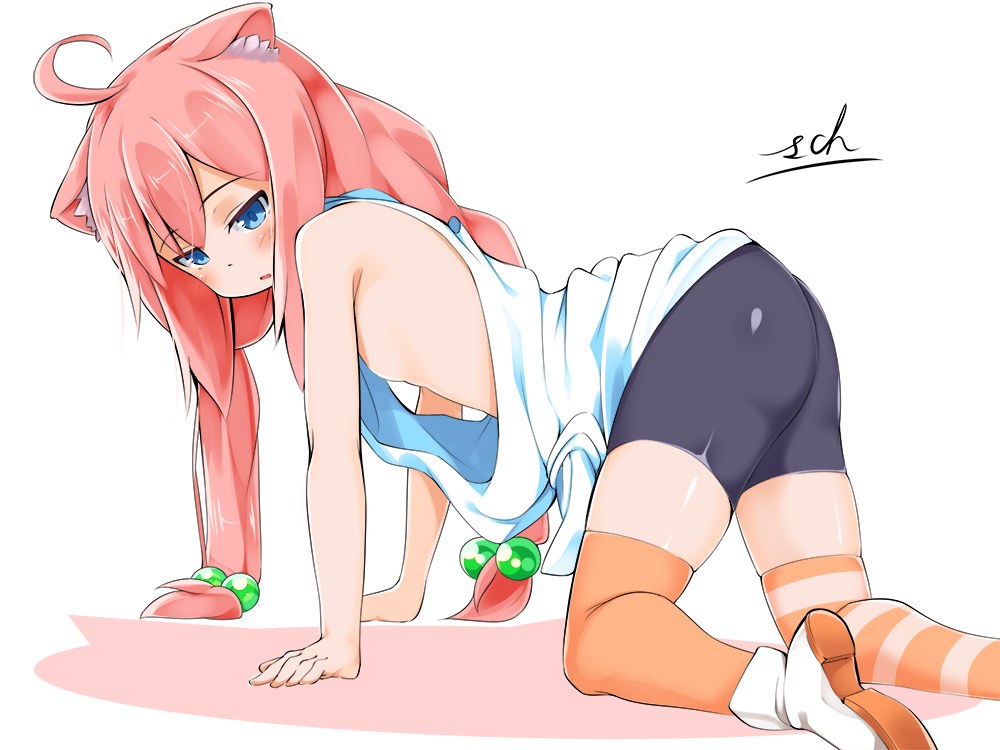 ahoge all_fours animal_ears ass bike_shorts blue_eyes blush boots cat_ears commentary_request flat_chest from_side hair_bobbles hair_ornament hinata_channel long_hair low_twintails mismatched_legwear nekomiya_hinata open_mouth orange_legwear pink_hair sch shorts solo striped striped_legwear thighhighs twintails vest virtual_youtuber white_vest