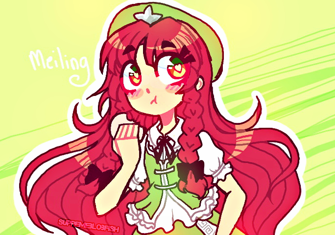 bangs beret braid character_name eating eyebrows_visible_through_hair food green_background green_eyes green_hat hat heart heart-shaped_pupils holding holding_food hong_meiling long_hair multicolored multicolored_eyes puffy_short_sleeves puffy_sleeves red_eyes red_hair short_sleeves solo symbol-shaped_pupils thepiratedoge touhou twin_braids yellow_eyes