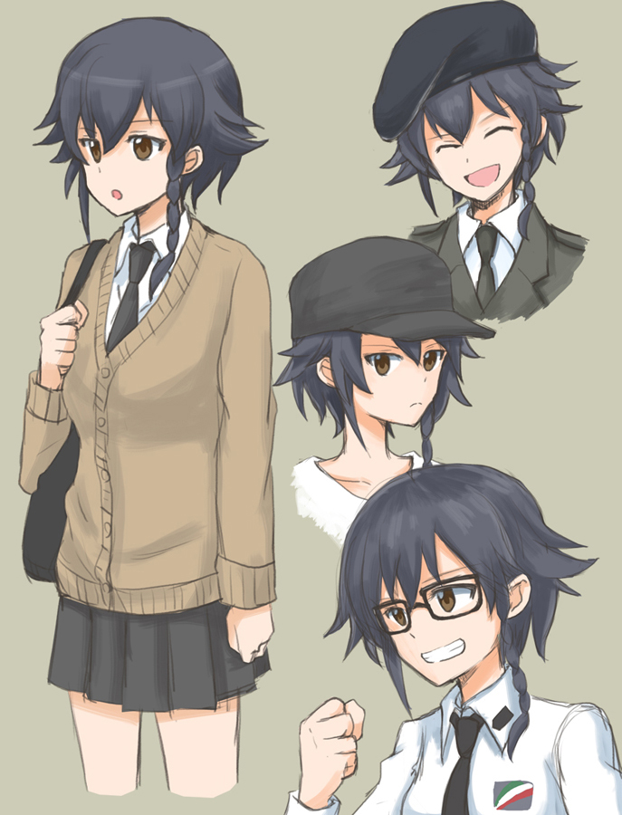 :o adapted_uniform anzio_military_uniform anzio_school_uniform bag bangs baseball_cap beret bespectacled black-framed_eyewear black_hair black_hat braid brown_background brown_eyes brown_sweater cardigan casual clenched_hand closed_eyes closed_mouth commentary dress_shirt emblem frown girls_und_panzer glasses grey_jacket grin hat jacket long_sleeves looking_at_viewer military military_uniform miniskirt multiple_views mutsu_(layergreen) open_mouth pepperoni_(girls_und_panzer) pleated_skirt school_bag school_uniform shirt short_hair side_braid simple_background skirt smile sweater uniform white_shirt wing_collar winter_uniform