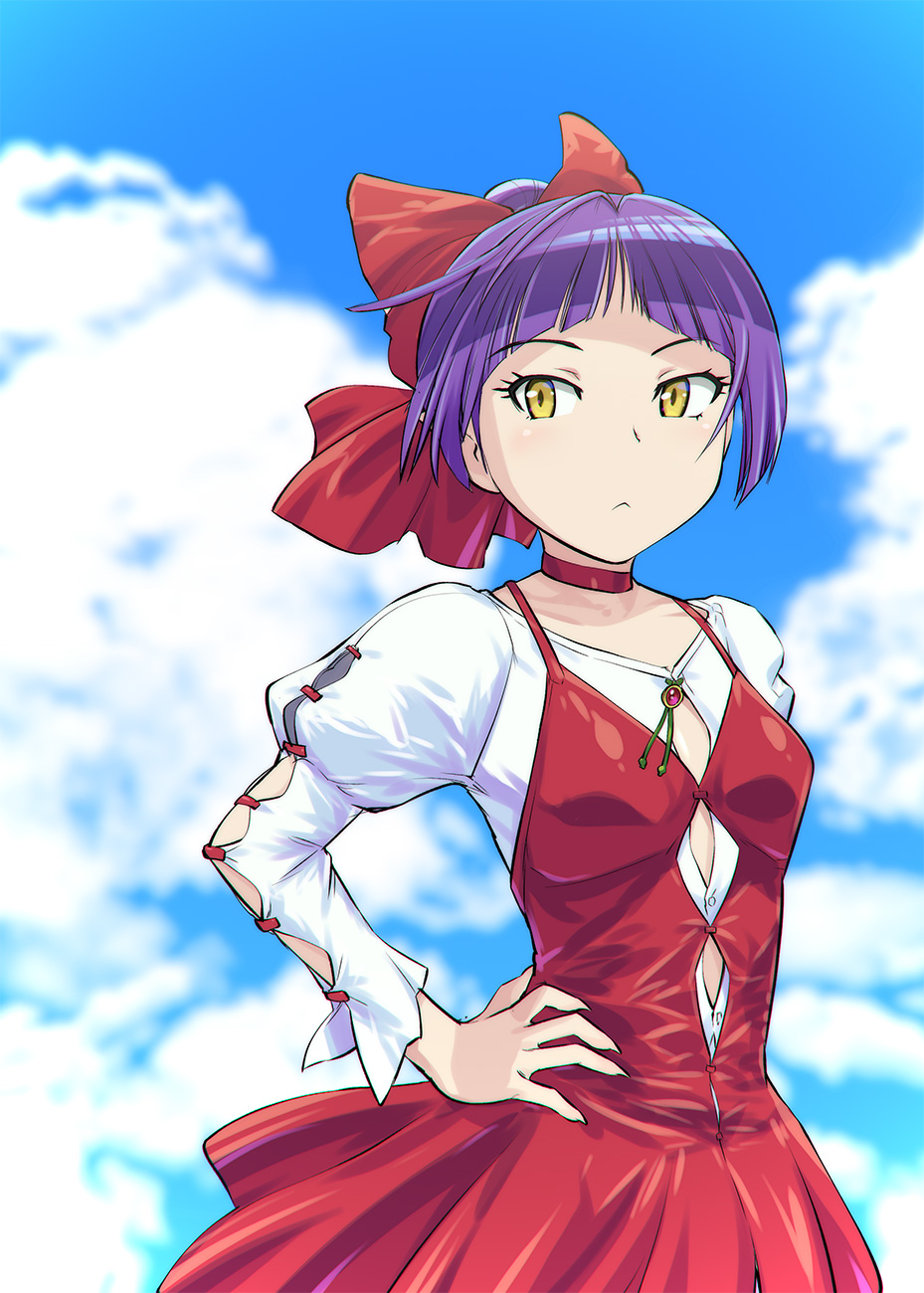 adapted_costume blue_sky choker closed_mouth cloud commentary_request day dress gegege_no_kitarou hair_ribbon hand_on_hip highres looking_to_the_side nekomusume nekomusume_(gegege_no_kitarou_6) puffy_sleeves purple_hair red_choker red_dress red_ribbon ribbon shirt short_hair sky solo ueyama_michirou white_shirt yellow_eyes