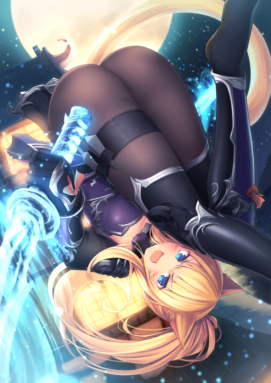 :d animal_ears ass black_footwear black_gloves blonde_hair blue_eyes boots bracer brown_legwear cat_ears cat_tail commentary_request energy_sword fang final_fantasy final_fantasy_xiv full_moon gloves glowing glowing_sword glowing_weapon highres kunai long_hair looking_at_viewer miqo'te moon mutsuba_fumi night ninja_(final_fantasy) open_mouth outdoors pantyhose ponytail reverse_grip shin_guards shoulder_armor smile solo sword tail thigh_boots thigh_strap thighhighs upside-down weapon whisker_markings