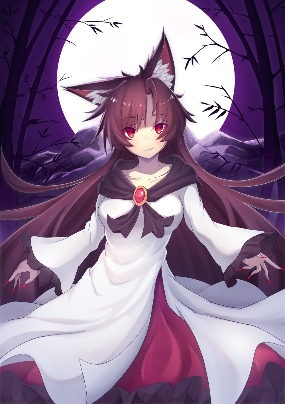 animal_ears bamboo breasts brooch brown_hair collarbone dress fang fingernails full_moon highres imaizumi_kagerou jewelry long_fingernails long_hair long_sleeves looking_at_viewer medium_breasts moon mountain nail_polish night outdoors red_eyes red_nails solo touhou wide_sleeves wolf_ears zeolch