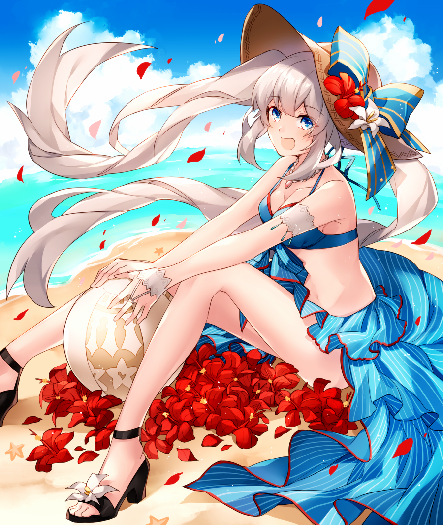 ball bare_legs bare_shoulders beach beachball bikini blue_bikini blue_bow blue_eyes bow breasts commentary_request day eyebrows_visible_through_hair fate/grand_order fate_(series) flower grey_hair hair_between_eyes hat hat_bow hat_flower hizuki_miya jewelry long_hair looking_at_viewer marie_antoinette_(fate/grand_order) marie_antoinette_(swimsuit_caster)_(fate) medium_breasts necklace open_mouth petals red_flower sand sidelocks sitting smile solo sun_hat swimsuit twintails very_long_hair white_flower