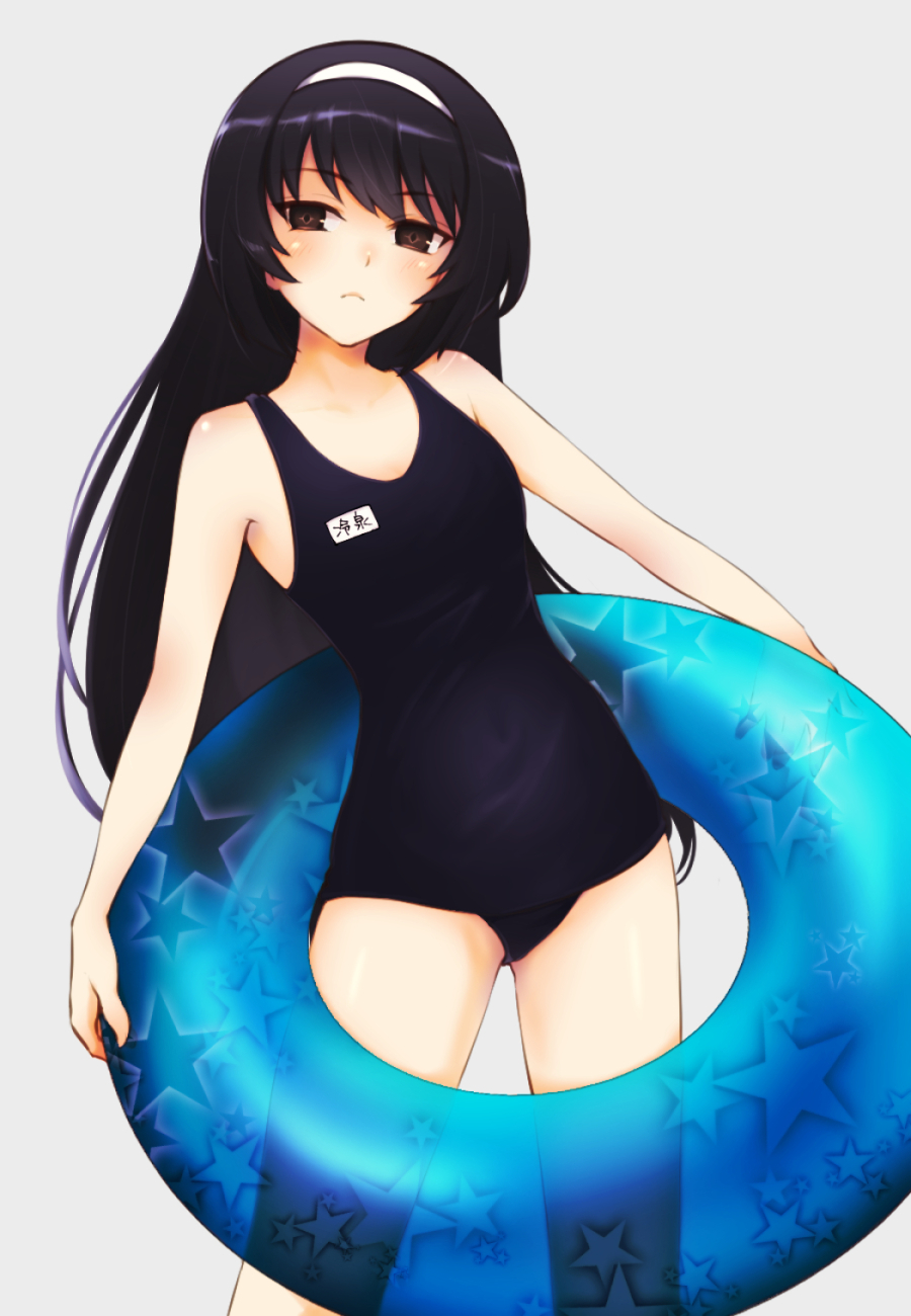bangs black_hair black_swimsuit closed_mouth commentary cowboy_shot eyebrows_visible_through_hair frown girls_und_panzer grey_background hairband highres holding innertube long_hair looking_at_viewer name_tag old_school_swimsuit one-piece_swimsuit reizei_mako school_swimsuit simple_background solo standing star star_print swimsuit umxzo white_hairband