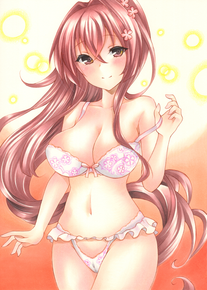 bangs bare_arms bare_shoulders blush bra breasts brown_hair cherry_blossoms cleavage closed_mouth collarbone commentary_request cowboy_shot crossed_bangs crotch_cutout eyebrows_visible_through_hair floral_print flower hair_between_eyes hair_flower hair_intakes hair_ornament highleg highleg_panties highres kantai_collection large_breasts long_hair looking_at_viewer navel orange_eyes panties pink_flower ponytail pulled_by_self smile solo strap_pull thighs underwear underwear_only very_long_hair white_bra white_panties yamato_(kantai_collection) yoruoujito-tsukinohime