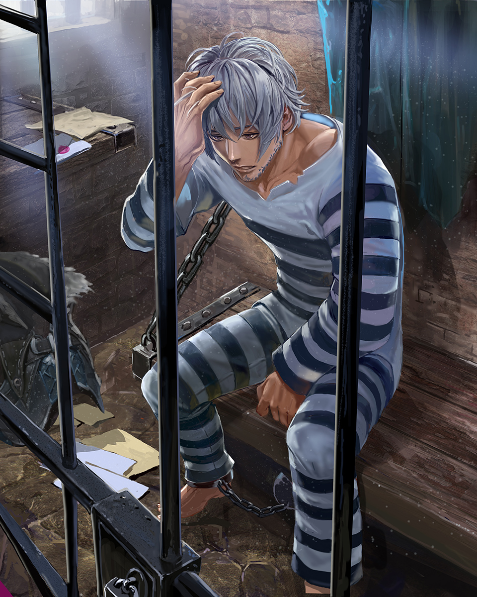 ball_and_chain_restraint barefoot bench brown_eyes envelope facial_hair ggozira grey_hair hand_up highres indoors letter light_rays lock male_focus official_art prison prison_clothes prisoner sitting striped_clothes stubble tenkuu_no_crystalia