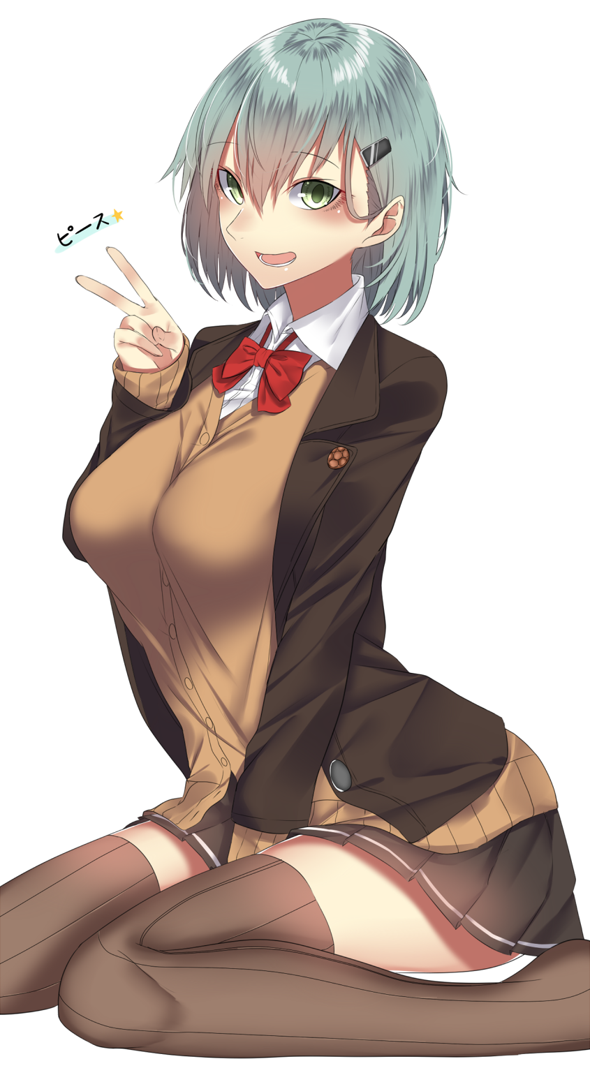 alternate_hair_length alternate_hairstyle ascot blazer brown_jacket brown_legwear brown_skirt cardigan green_eyes green_hair hair_ornament hairclip highres jacket kantai_collection onineko-chan open_cardigan open_clothes pleated_skirt remodel_(kantai_collection) school_uniform short_hair simple_background sitting skirt solo suzuya_(kantai_collection) thighhighs v vest wariza white_background