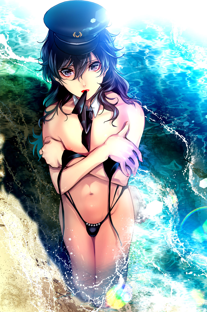 amamiya_ren areola_slip areolae bikini black_hair bulge covering covering_breasts crossdressing detached_collar hat highres kneeling lipstick long_hair looking_at_viewer makeup male_focus mitsuha_(bless_blessing) mouth_hold navel necktie otoko_no_ko persona persona_5 persona_5:_dancing_star_night police_hat swimsuit topless water wig