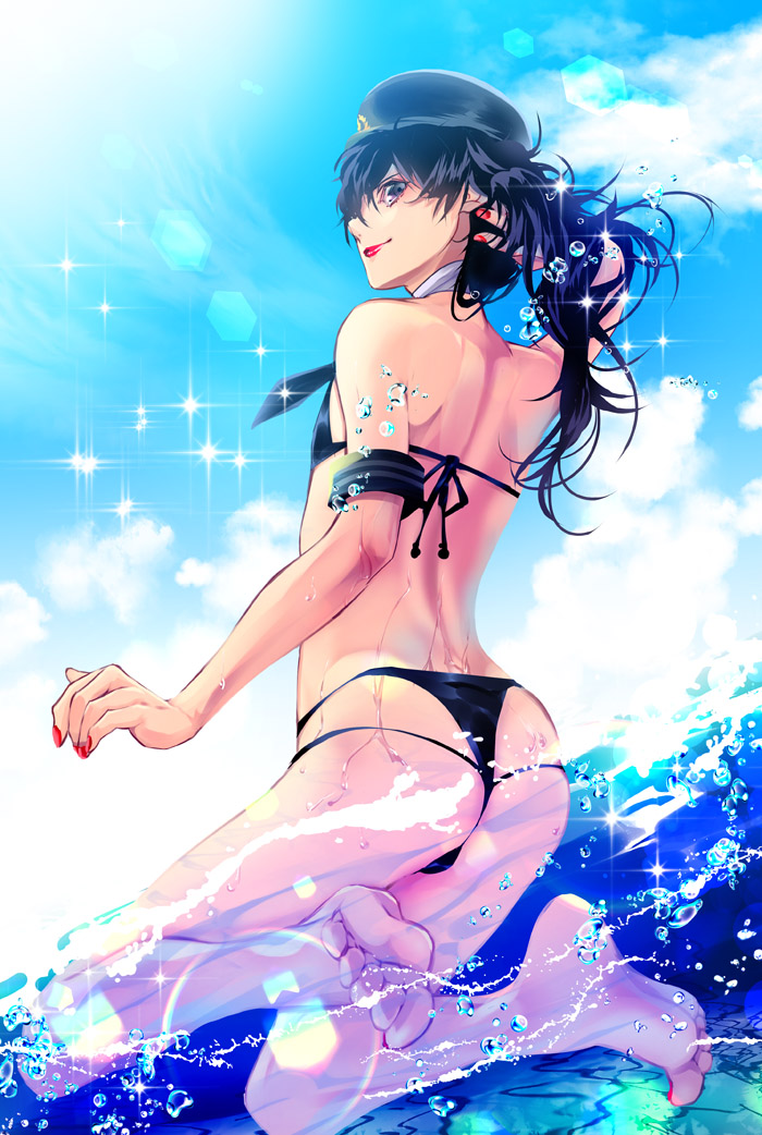 adjusting_hair amamiya_ren armband barefoot bikini black_hair black_swimsuit blue_sky commentary_request crossdressing day feet hat lens_flare lipstick long_hair looking_at_viewer looking_back makeup mitsuha_(bless_blessing) otoko_no_ko persona persona_5 persona_5:_dancing_star_night police_hat sky smile solo swimming swimsuit water wet wig