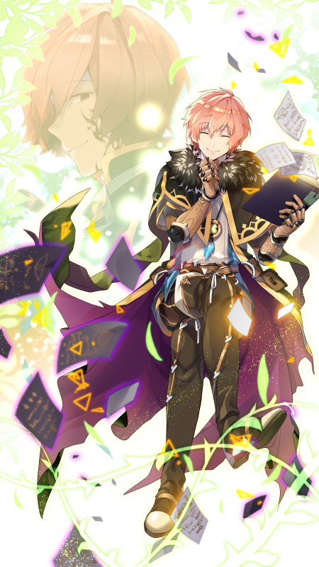 black_pants book cape check_character closed_eyes crossed_legs facing_viewer fur_trim hatori_piyoko holding holding_book invisible_chair male_focus open_book pants papers pink_hair purple_cape sideways_glance sitting smirk solo teria_saga white_footwear wise_(teria_saga)