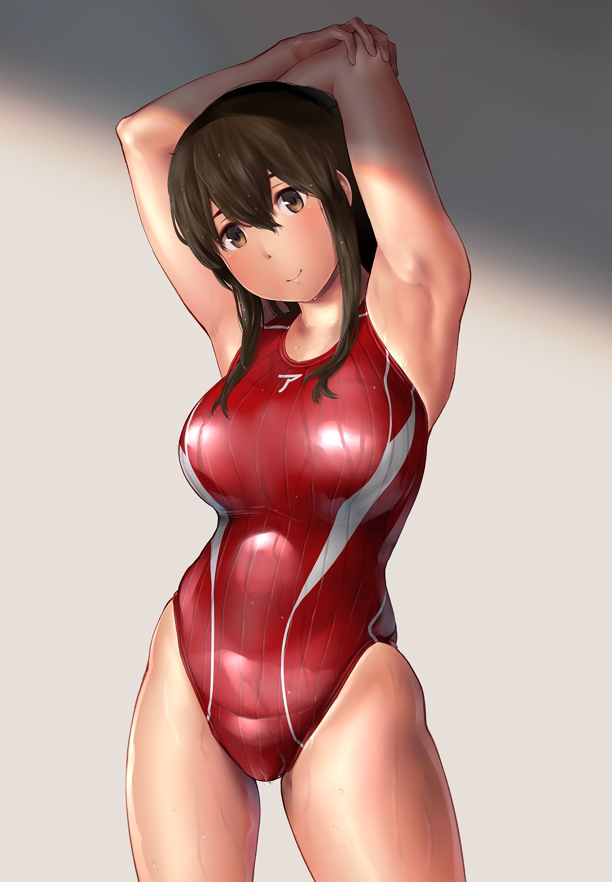 akagi_(kantai_collection) armpits arms_behind_head arms_up bangs bare_shoulders blush breasts brown_eyes brown_hair closed_mouth commentary_request competition_swimsuit highres hips kantai_collection large_breasts long_hair looking_at_viewer one-piece_swimsuit red_swimsuit smile solo straight_hair swimsuit thighs wa_(genryusui) wet