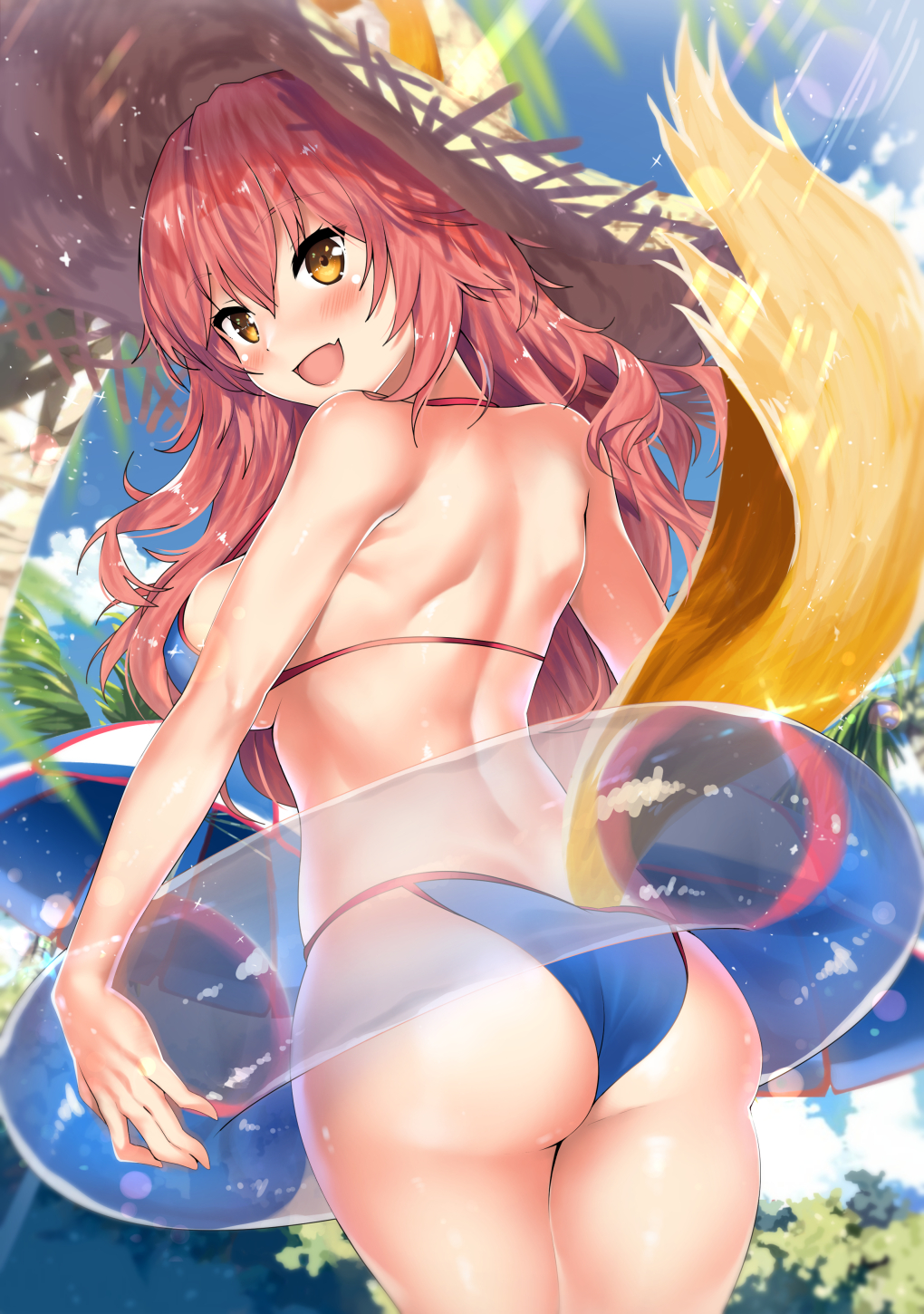 animal_ears ass back bangs bare_shoulders bikini blue_bikini blue_sky blush breasts commentary_request day fate/grand_order fate_(series) fox_ears fox_tail hair_between_eyes hat highres hips innertube kawai large_breasts long_hair looking_at_viewer looking_back palm_tree pink_hair sky smile solo straw_hat sun_hat sunlight swimsuit tail tamamo_(fate)_(all) tamamo_no_mae_(swimsuit_lancer)_(fate) thighs tree yellow_eyes