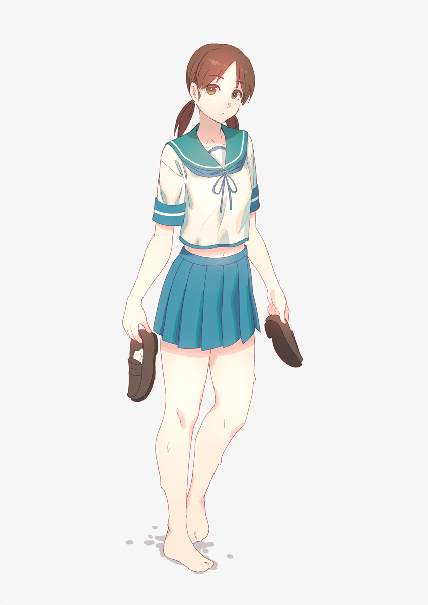 bangs bare_legs barefoot blue_sailor_collar blue_skirt brown_eyes brown_footwear brown_hair collarbone collared_shirt eyebrows_visible_through_hair grey_background highres kantai_collection legwear_removed loafers looking_at_viewer low_twintails midriff navel neckerchief parted_bangs pleated_skirt sailor_collar school_uniform serafuku shirayuki_(kantai_collection) shirt shoes shoes_removed short_twintails simple_background skirt solo standing twintails yuuji_(and)