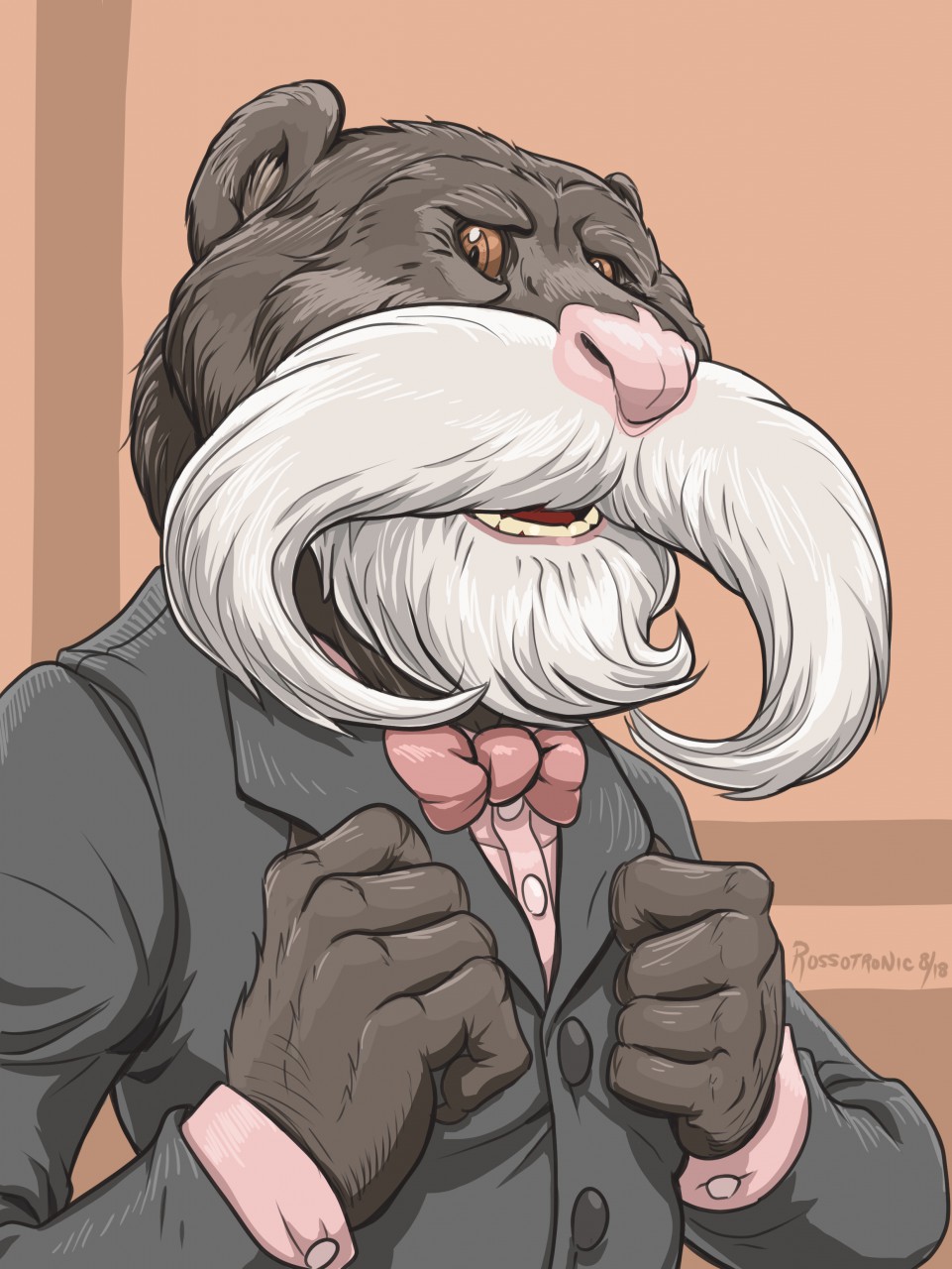 2018 5_fingers anthro beard biped bow_tie brown_background brown_eyes brown_fur business_suit bust_portrait button_(fastener) classy clothed clothing digital_drawing_(artwork) digital_media_(artwork) dudebulge emperor_tamarin facial_hair fur gentleman grey_clothing humanoid_hands inner_ear_fluff lighting looking_aside looking_away male mammal mature_male monkey mustache old open_mouth pink_clothing pink_nose portrait primate shadow simple_background solo suit tamarin teeth
