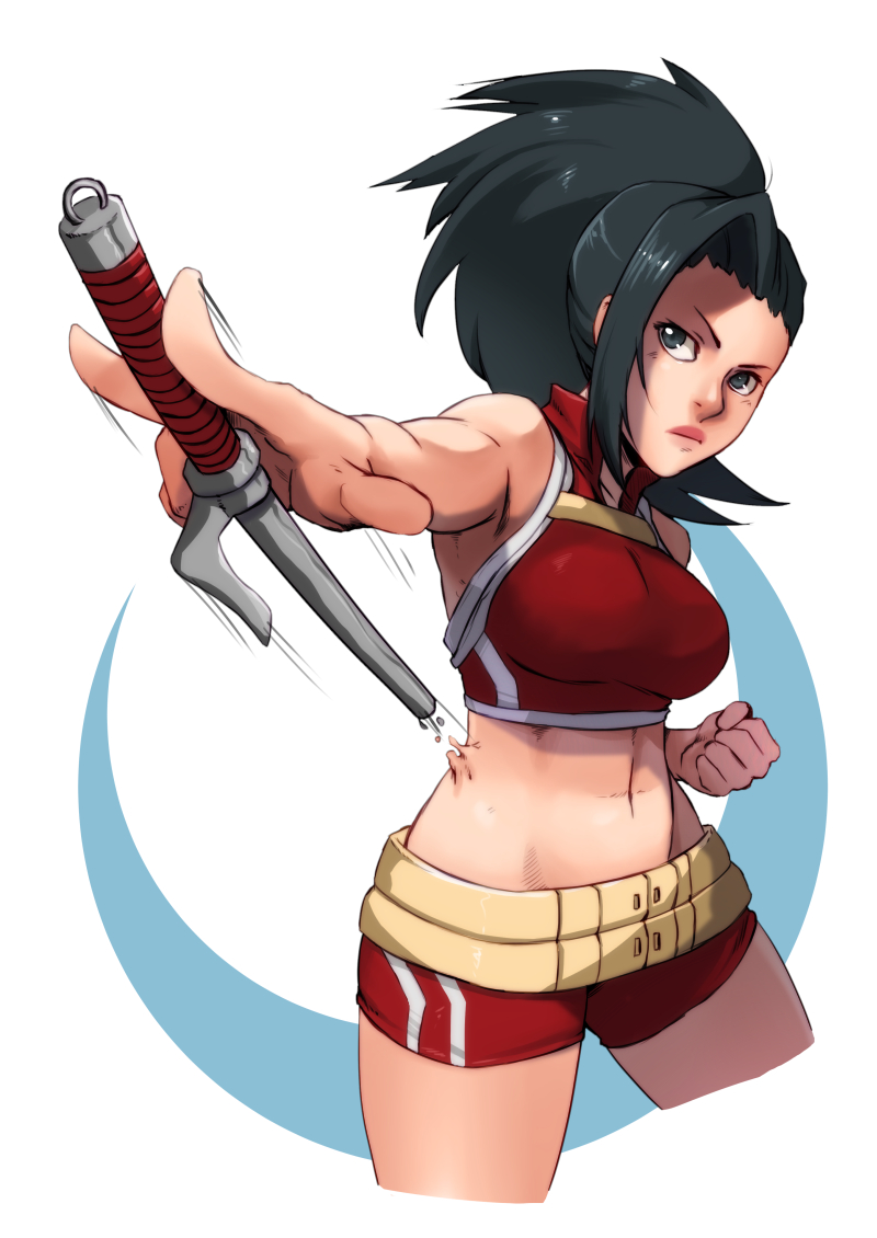 alternate_costume belt between_fingers bike_shorts black_eyes black_hair boku_no_hero_academia breasts clenched_hand commentary crop_top cropped_legs english_commentary high_ponytail large_breasts lips midriff multiple_belts navel ponytail reverse_grip sai_(weapon) serious shorts sleeveless solo whistle_frog yaoyorozu_momo