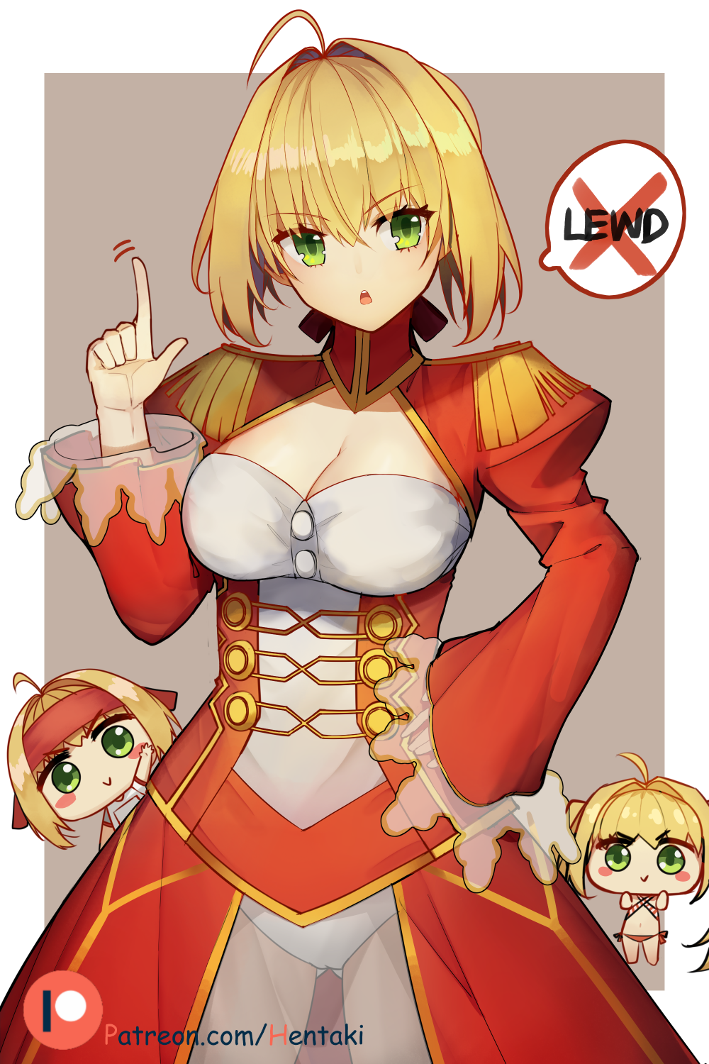 :&gt; ahoge ass_visible_through_thighs bangs bikini blonde_hair blush_stickers breasts brown_background chibi cleavage closed_mouth commentary criss-cross_halter dress epaulettes eyebrows_visible_through_hair fate/extra fate/grand_order fate_(series) finger_wagging green_eyes gym_shirt hair_between_eyes hair_intakes hairband halterneck hand_up head_tilt hentaki highres index_finger_raised juliet_sleeves large_breasts long_hair long_sleeves multiple_girls navel nero_claudius_(fate) nero_claudius_(fate)_(all) nero_claudius_(swimsuit_caster)_(fate) olympian_bloomers parted_lips puffy_sleeves red_dress red_hairband see-through shirt short_sleeves striped striped_bikini swimsuit twintails two-tone_background v-shaped_eyebrows watermark web_address white_background white_shirt