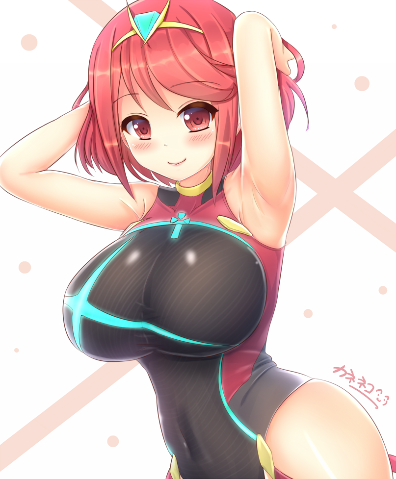 armpits arms_behind_head arms_up bare_shoulders between_breasts black_swimsuit blush breasts commentary_request covered_navel headpiece homura_(xenoblade_2) jewelry kane-neko large_breasts one-piece_swimsuit red_eyes red_hair red_swimsuit sidelocks solo swimsuit tiara xenoblade_(series) xenoblade_2