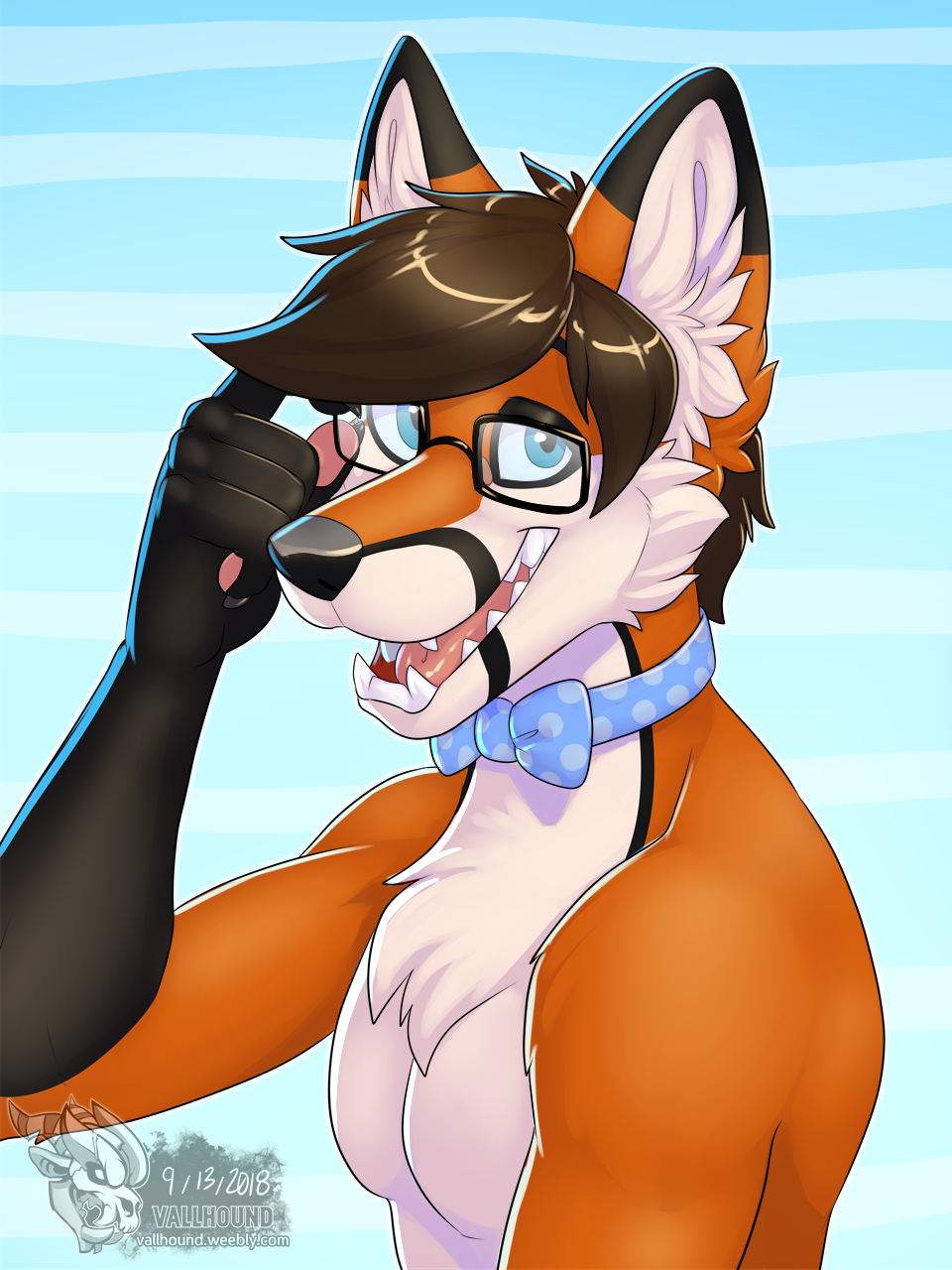 anthro bow_tie canine eyewear fox fur glasses hair looking_at_viewer male mammal open_mouth simple_background smile solo vallhund