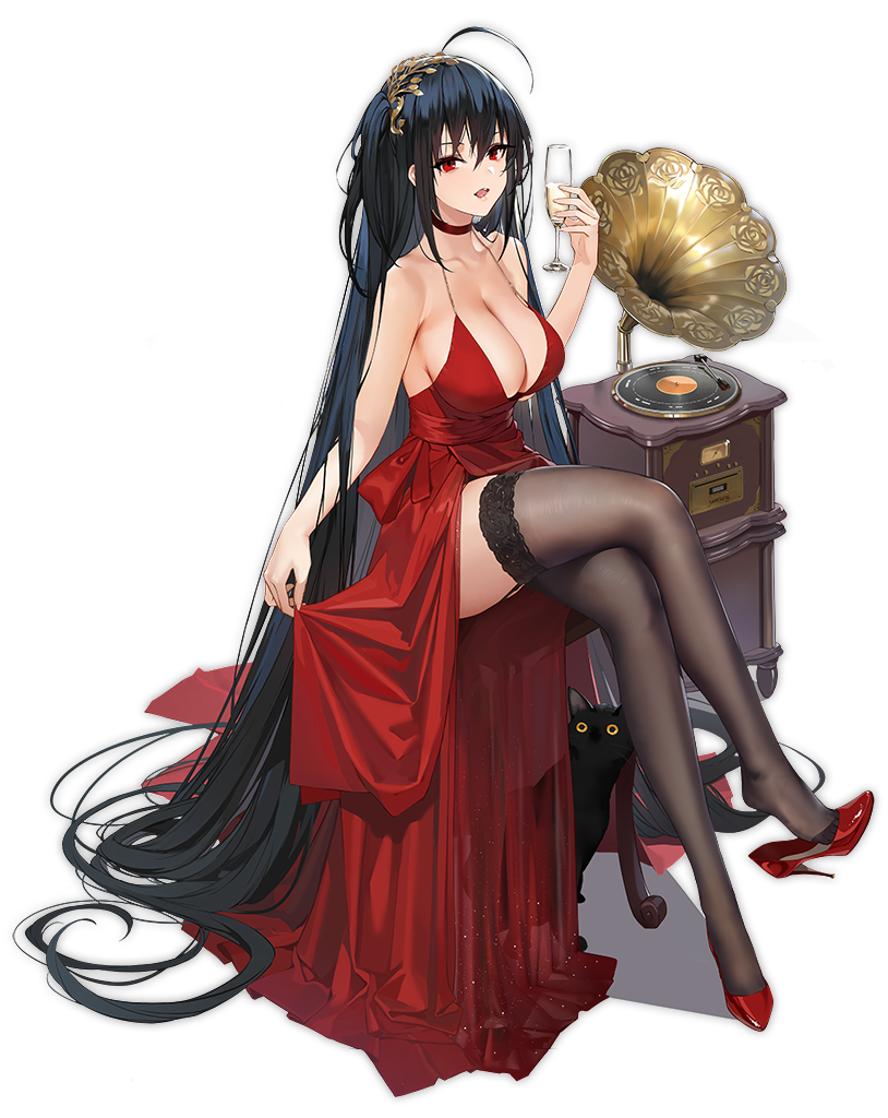 absurdly_long_hair ahoge alcohol azur_lane black_cat black_hair black_legwear breasts cat champagne choker cleavage cocktail_dress crossed_legs dress full_body garter_straps hairband high_heels large_breasts long_dress long_hair looking_at_viewer mr_cloud official_art open_mouth phonograph red_choker red_dress red_eyes shoe_dangle sidelocks solo taihou_(azur_lane) thighhighs transparent_background very_long_hair