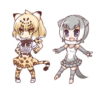 :d animal_ears animal_print bangs belt black_bow blonde_hair blue_eyes blush bow brown_belt brown_eyes brown_skirt center_frills closed_mouth commentary elbow_gloves eyebrows_visible_through_hair fingerless_gloves frills full_body fur_collar gloves grey_gloves grey_hair grey_legwear grey_swimsuit hair_between_eyes hono jaguar_(kemono_friends) jaguar_ears jaguar_print jaguar_tail kemono_friends lowres multicolored multicolored_clothes multicolored_hair multicolored_swimsuit multiple_girls one-piece_swimsuit open_mouth otter_ears otter_girl otter_tail outstretched_arms pleated_skirt print_legwear print_skirt shirt shoes short_hair short_sleeves simple_background skirt small-clawed_otter_(kemono_friends) smile standing streaked_hair striped_tail sweater swimsuit tail thighhighs toeless_legwear v-shaped_eyebrows white_background white_footwear white_hair white_shirt white_sweater