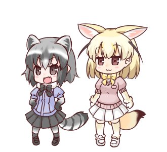 :3 :d animal_ears bangs black_bow black_footwear black_skirt blonde_hair blush bow brown_eyes closed_mouth commentary common_raccoon_(kemono_friends) extra_ears eyebrows_visible_through_hair fennec_(kemono_friends) fox_ears fox_girl fox_tail full_body grey_hair grey_legwear hair_between_eyes hands_on_hips hono kemono_friends lowres multiple_girls open_mouth pantyhose pink_sweater pleated_skirt puffy_short_sleeves puffy_sleeves purple_shirt raccoon_ears raccoon_girl raccoon_tail shirt shoes short_sleeves simple_background skirt smile standing striped_tail sweater tail thighhighs white_background white_footwear white_skirt yellow_bow