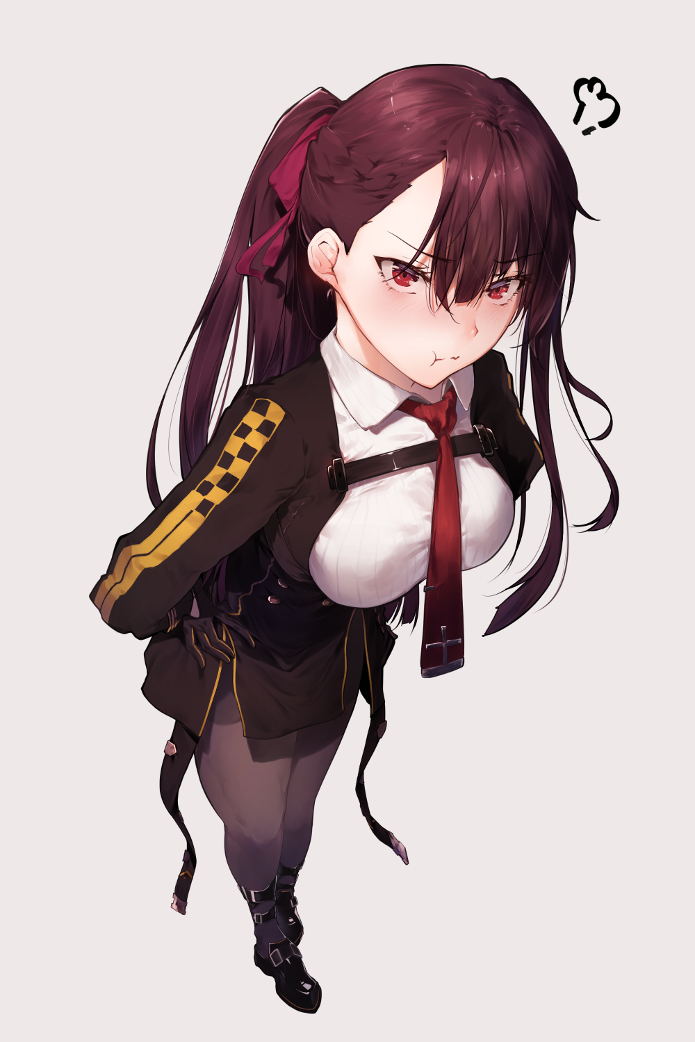 :t =3 bangs black_footwear black_legwear black_skirt blazer blush braid breasts closed_mouth collared_shirt commentary eyebrows_visible_through_hair framed_breasts french_braid full_body girls_frontline gloves hair_between_eyes hair_ribbon half_updo hands_on_hips highres hplay jacket large_breasts long_hair looking_at_viewer necktie one_side_up pantyhose pelvic_curtain pout purple_hair red_eyes red_neckwear red_ribbon ribbon shirt shoes simple_background skirt solo striped striped_shirt taut_clothes taut_shirt thighband_pantyhose tsundere tsurime very_long_hair wa2000_(girls_frontline) white_shirt
