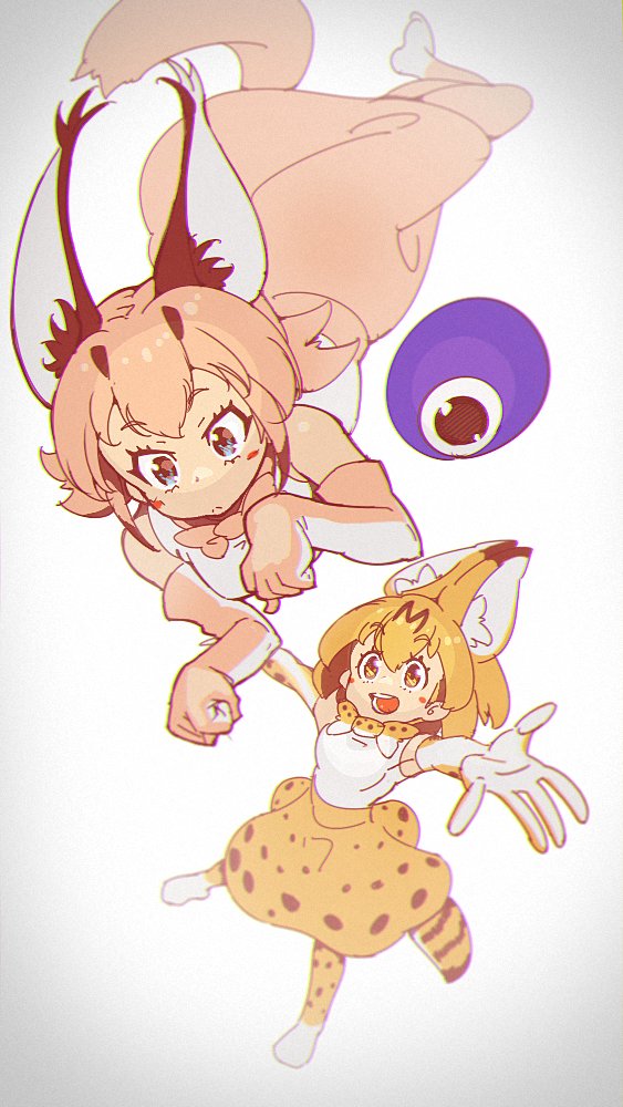 2girls \o/ animal_ear_fluff animal_ears arms_up bare_shoulders blonde_hair blue_eyes blush bow bowtie caracal_(kemono_friends) caracal_ears caracal_tail cerulean_(kemono_friends) commentary_request elbow_gloves eyebrows_visible_through_hair gloves high-waist_skirt kemono_friends light_brown_hair multicolored_hair multiple_girls outstretched_arms paw_pose serval_(kemono_friends) serval_ears serval_print serval_tail skirt sleeveless tail thighhighs white_hair yellow_eyes